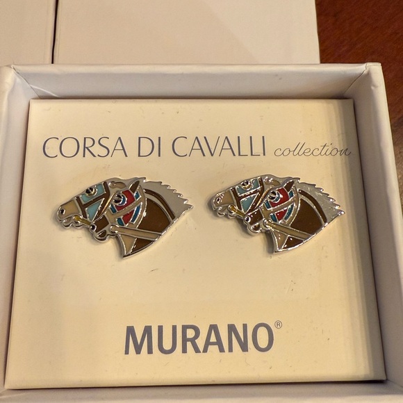 Murano Corsa Di Cavalli Derby Collection Silver and Brown Horse Cufflinks - Picture 2 of 4